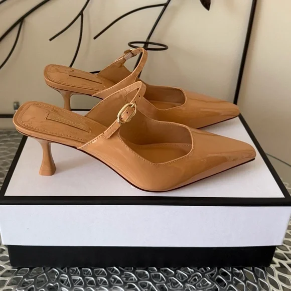 Larroude Ines Pointed Toe High Heel Patent Leather Mules in Tan Size 8 NIB - Picture 7 of 11